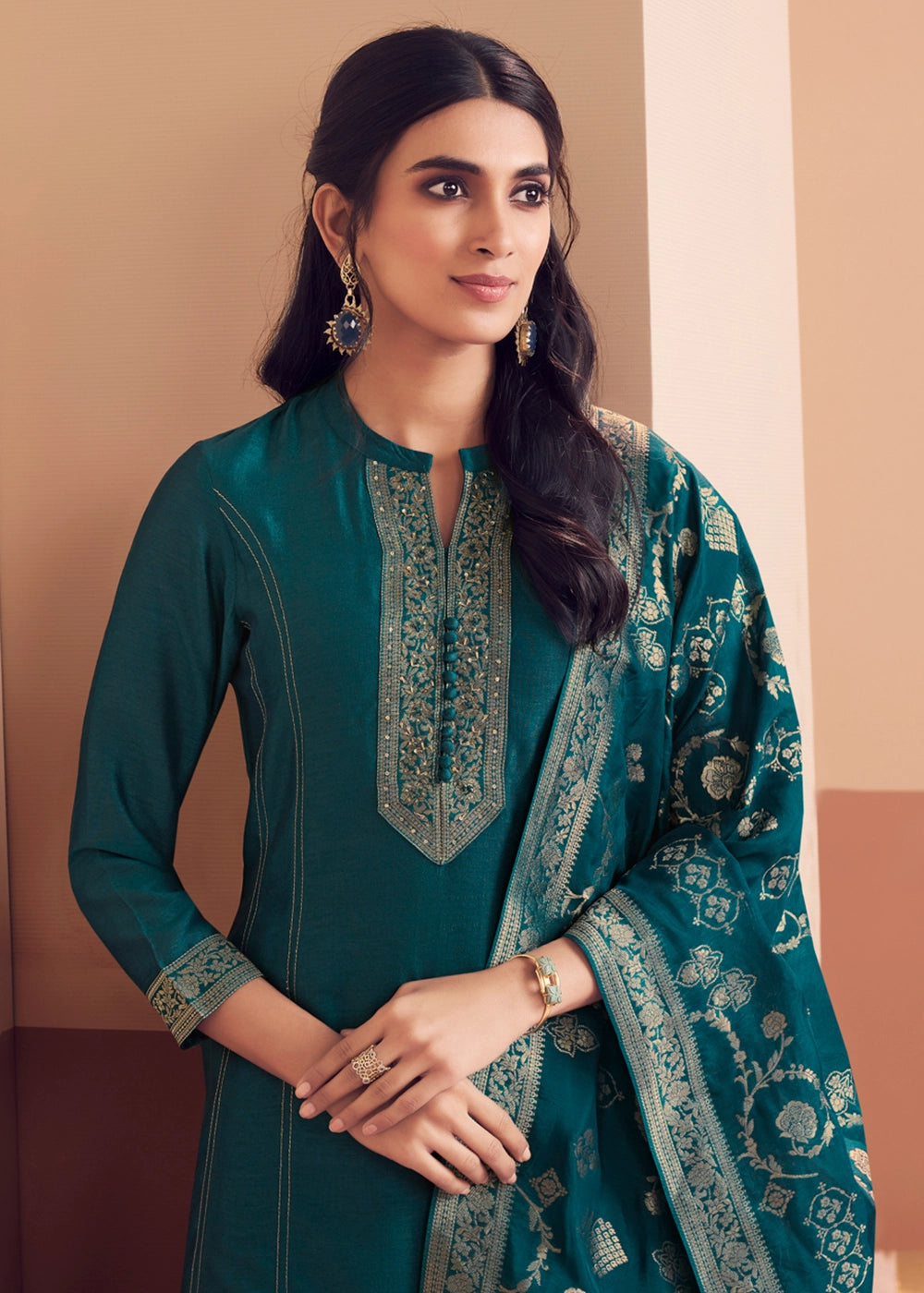 Opulent Prussian Blue Silk Embroidered Kurta Palazzo Ensemble