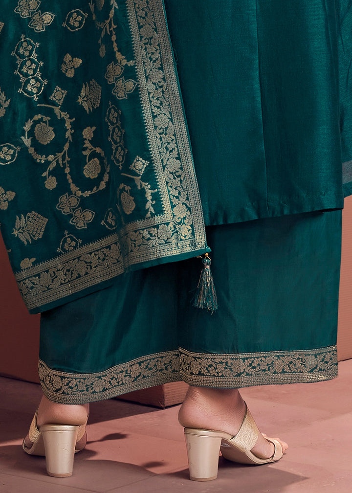 Opulent Prussian Blue Silk Embroidered Kurta Palazzo Ensemble