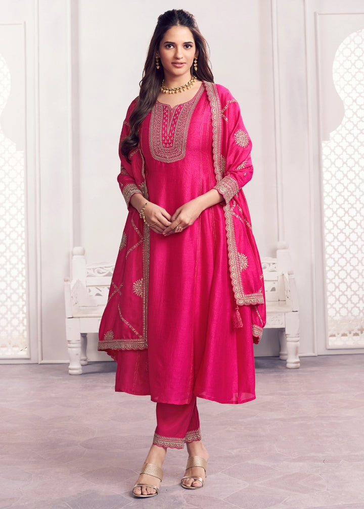 Pink Embroidery A-Line Kurta With Dyed Trousers And Embroidery Dupatta