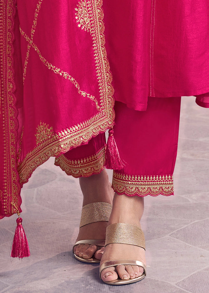 Pink Embroidery A-Line Kurta With Dyed Trousers And Embroidery Dupatta