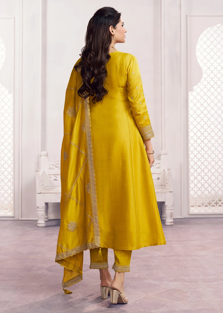 Yellow Embroidery A-Line Kurta With Dyed Trousers And Embroidery Dupatta