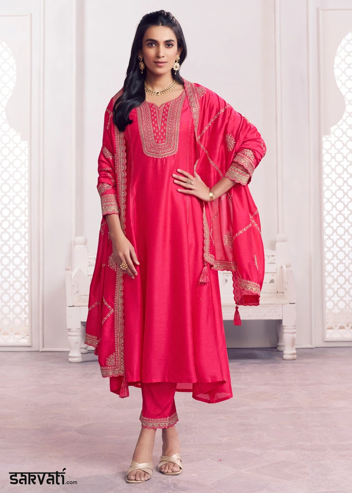Pink Embroidery A-Line Kurta With Dyed Trousers And Embroidery Dupatta