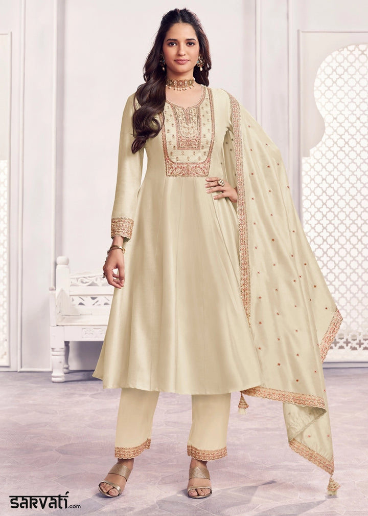 Cream White Silk Couture A-Line Kurta Set with Embroidery