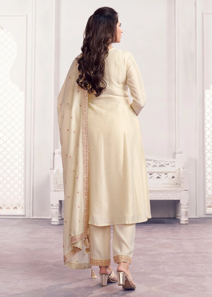 Cream White Silk Couture A-Line Kurta Set with Embroidery