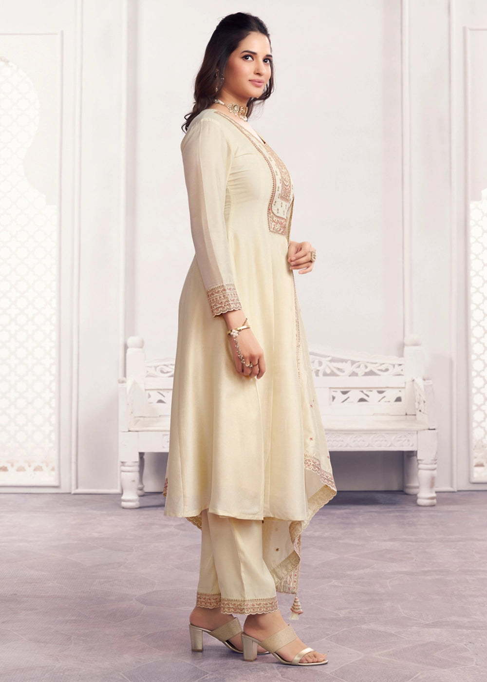 Cream White Silk Couture A-Line Kurta Set with Embroidery