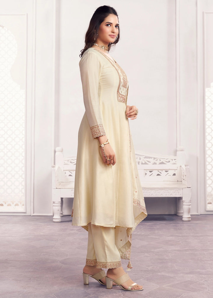 Cream White Silk Couture A-Line Kurta Set with Embroidery