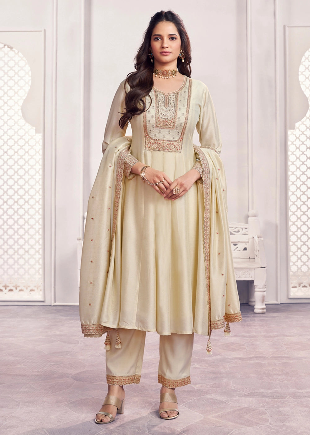 Cream White Silk Couture A-Line Kurta Set with Embroidery