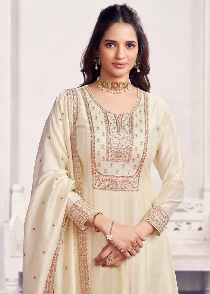 Cream White Silk Couture A-Line Kurta Set with Embroidery