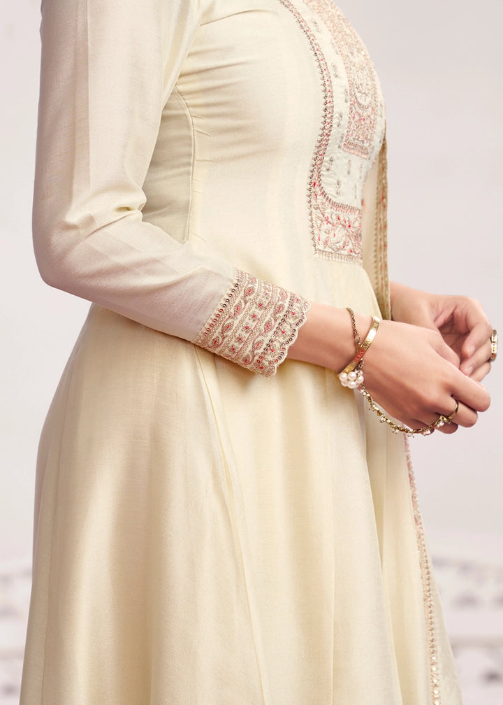 Cream White Silk Couture A-Line Kurta Set with Embroidery