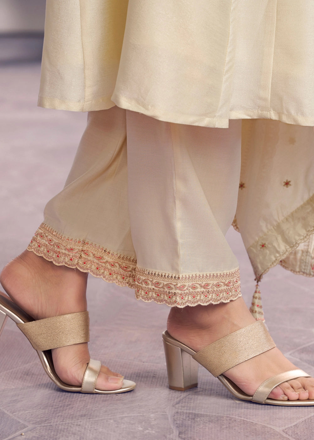 Cream White Silk Couture A-Line Kurta Set with Embroidery