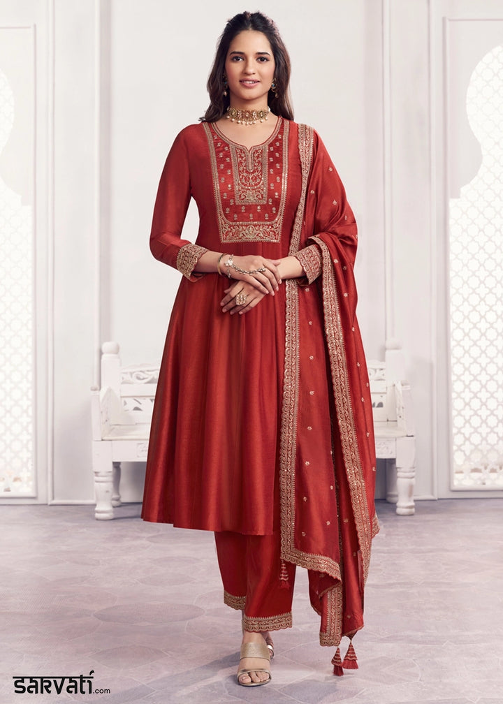 Rust Brown Silk Couture A-Line Kurta Set with Embroidery