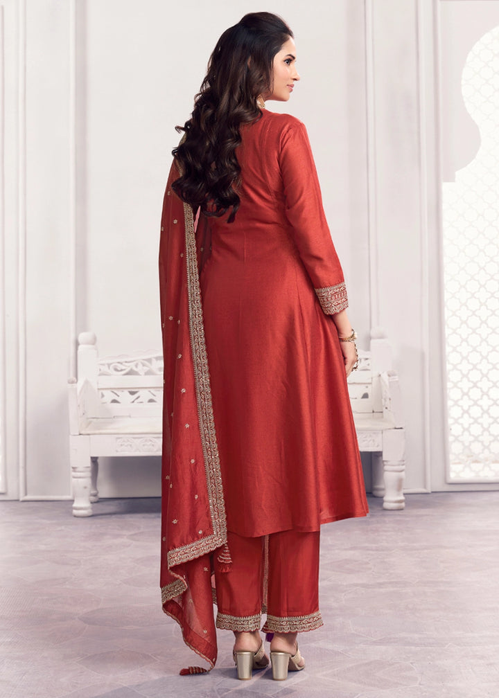 Rust Brown Silk Couture A-Line Kurta Set with Embroidery