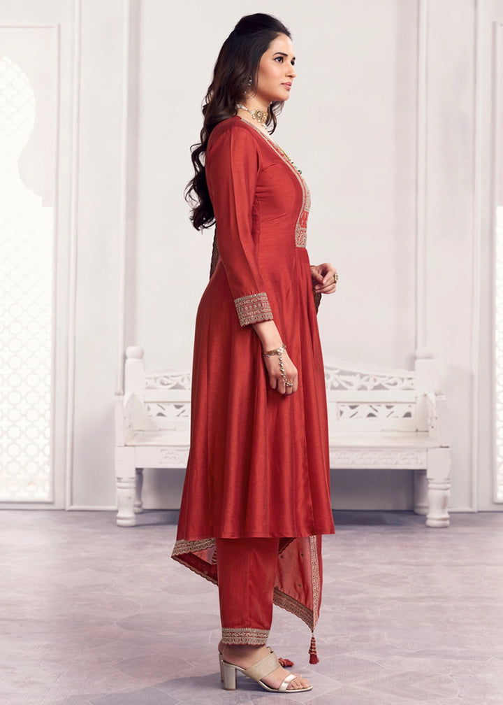 Rust Brown Silk Couture A-Line Kurta Set with Embroidery