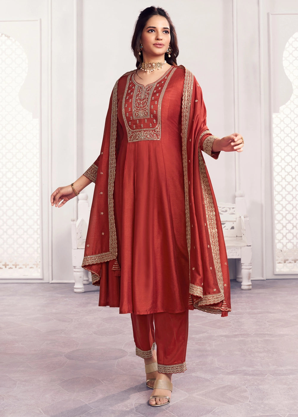 Rust Brown Silk Couture A-Line Kurta Set with Embroidery