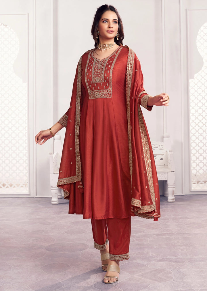 Rust Brown Silk Couture A-Line Kurta Set with Embroidery