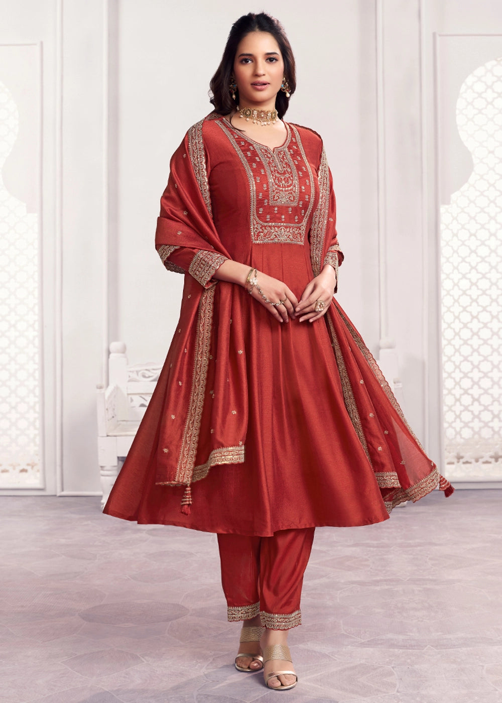 Rust Brown Silk Couture A-Line Kurta Set with Embroidery