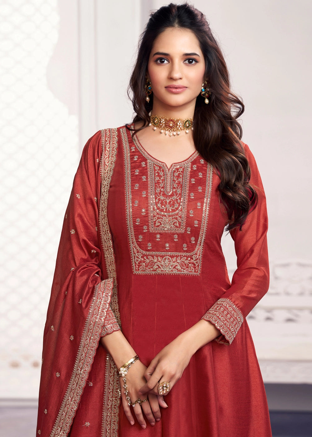 Rust Brown Silk Couture A-Line Kurta Set with Embroidery