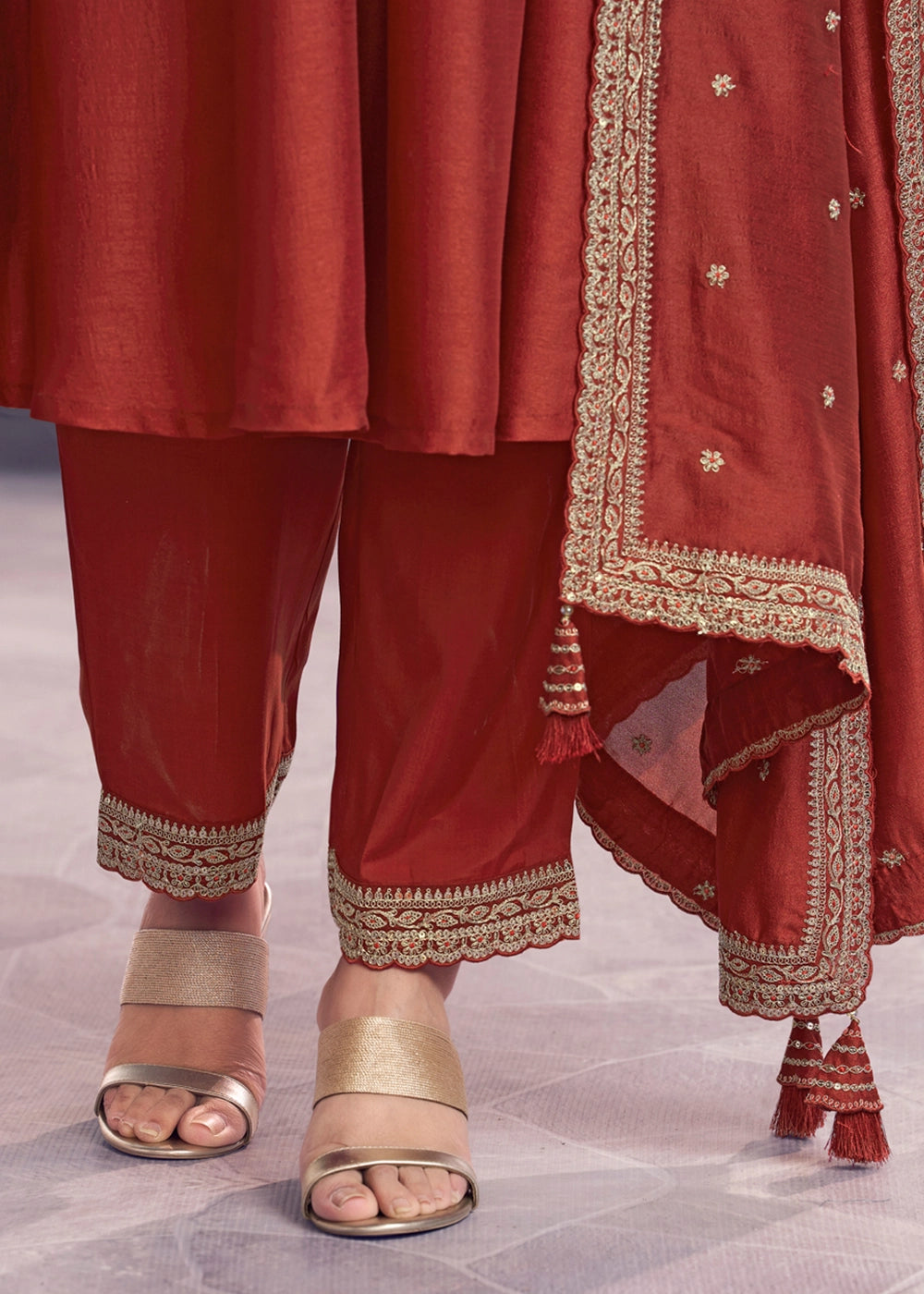 Rust Brown Silk Couture A-Line Kurta Set with Embroidery