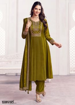 Olive Green Silk Couture A-Line Kurta Set with Embroidery