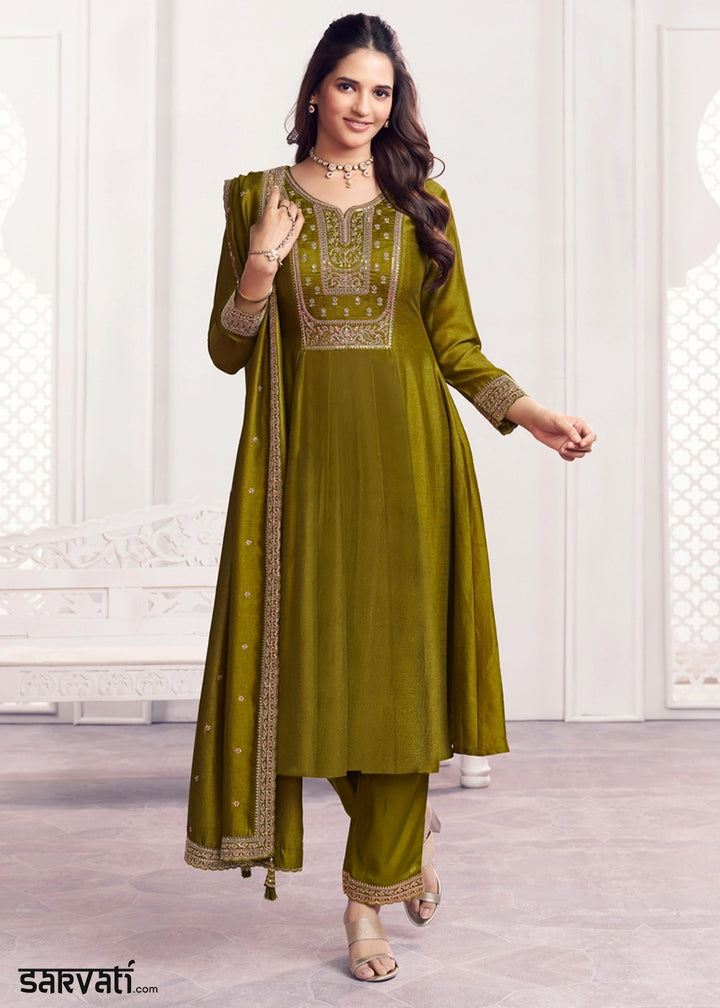 Olive Green Silk Couture A-Line Kurta Set with Embroidery