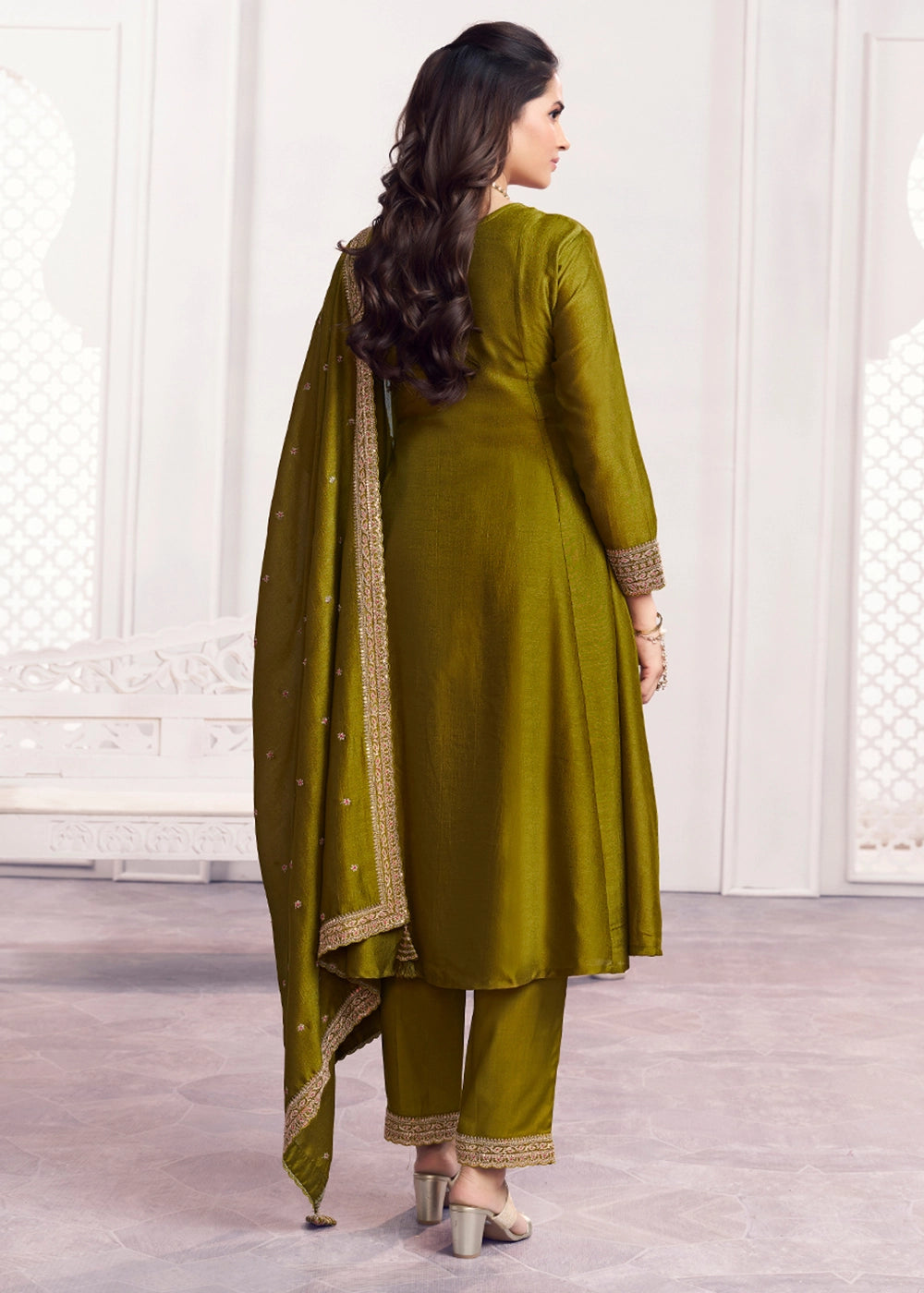 Olive Green Silk Couture A-Line Kurta Set with Embroidery