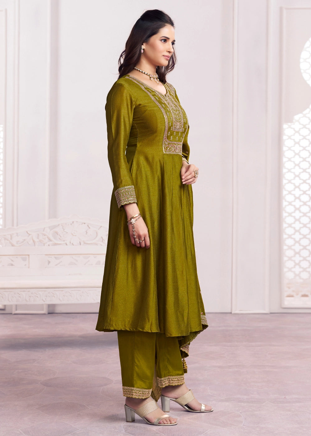 Olive Green Silk Couture A-Line Kurta Set with Embroidery