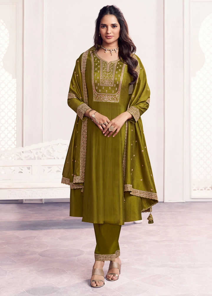 Olive Green Silk Couture A-Line Kurta Set with Embroidery