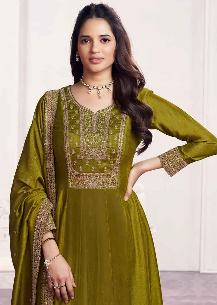 Olive Green Silk Couture A-Line Kurta Set with Embroidery
