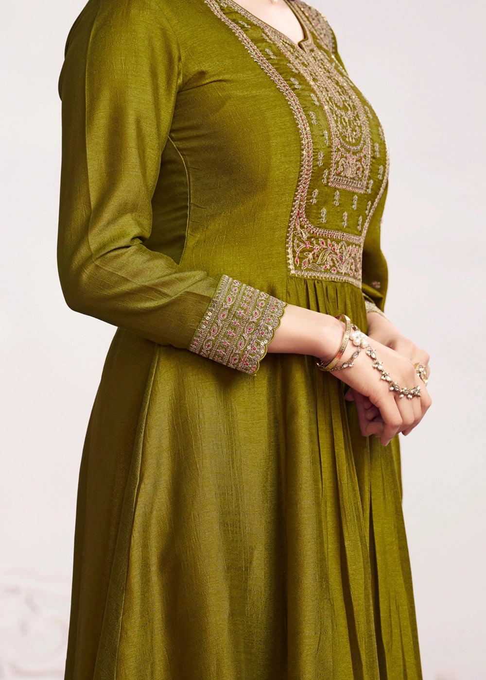 Olive Green Silk Couture A-Line Kurta Set with Embroidery