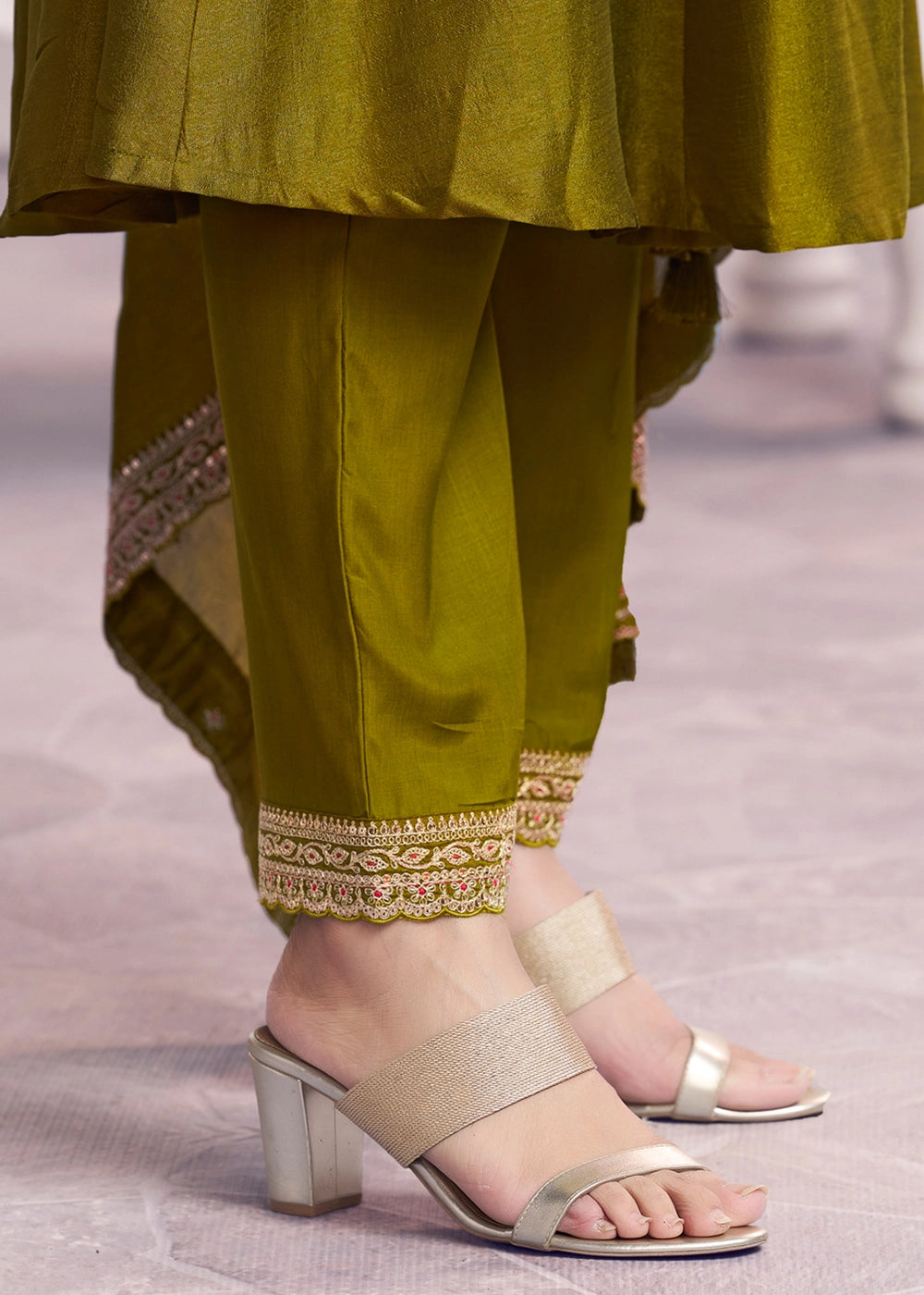 Olive Green Silk Couture A-Line Kurta Set with Embroidery