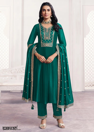 Arabian Green Silk Couture A-Line Kurta Set with Embroidery