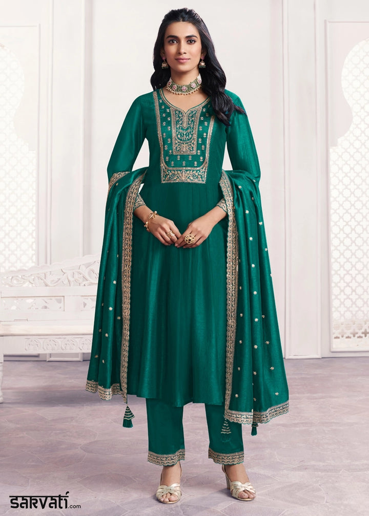 Arabian Green Silk Couture A-Line Kurta Set with Embroidery