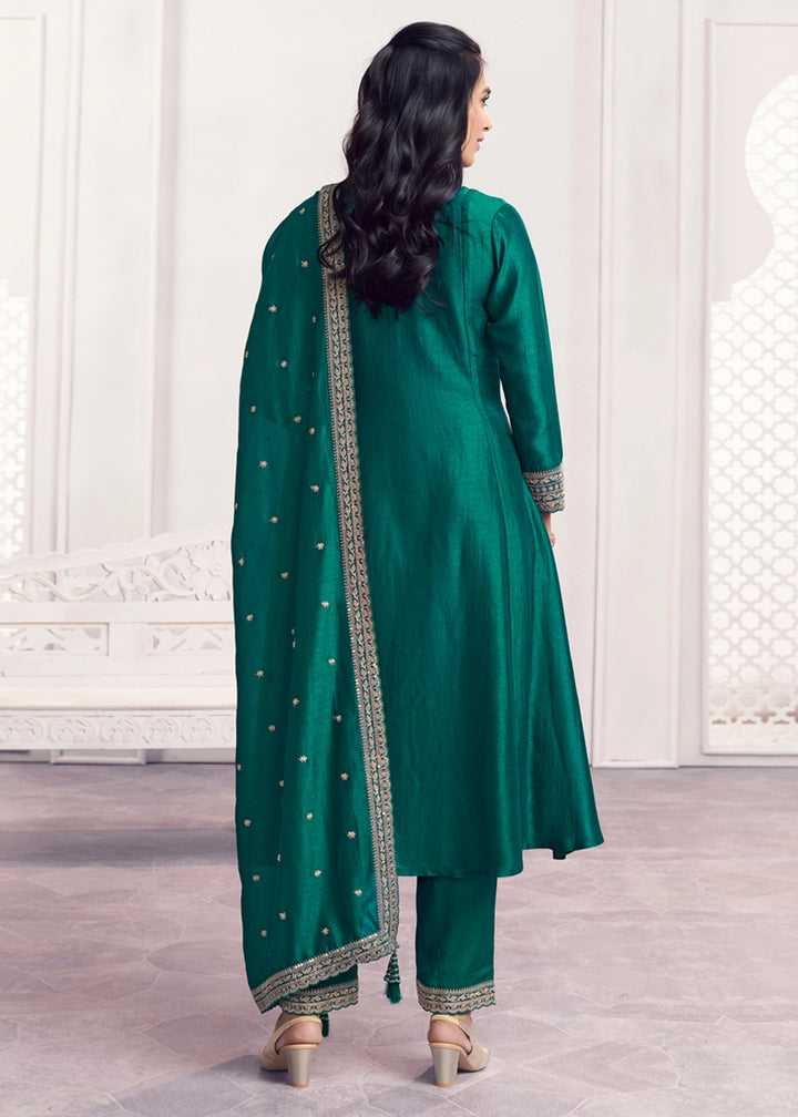 Arabian Green Silk Couture A-Line Kurta Set with Embroidery