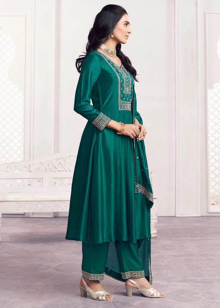 Arabian Green Silk Couture A-Line Kurta Set with Embroidery