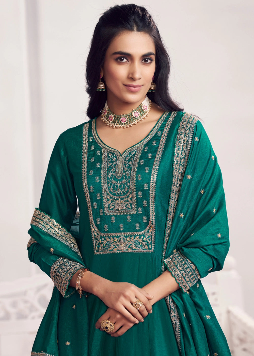 Arabian Green Silk Couture A-Line Kurta Set with Embroidery