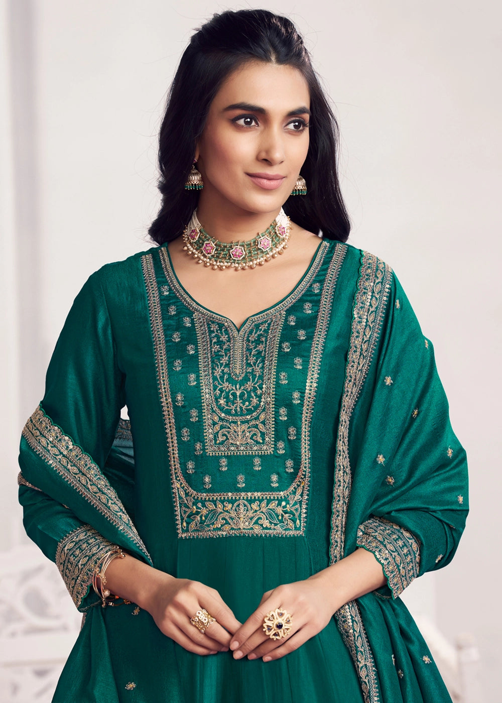 Arabian Green Silk Couture A-Line Kurta Set with Embroidery