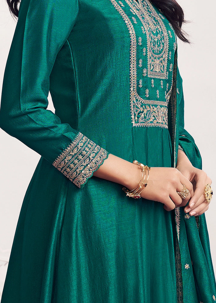Arabian Green Silk Couture A-Line Kurta Set with Embroidery