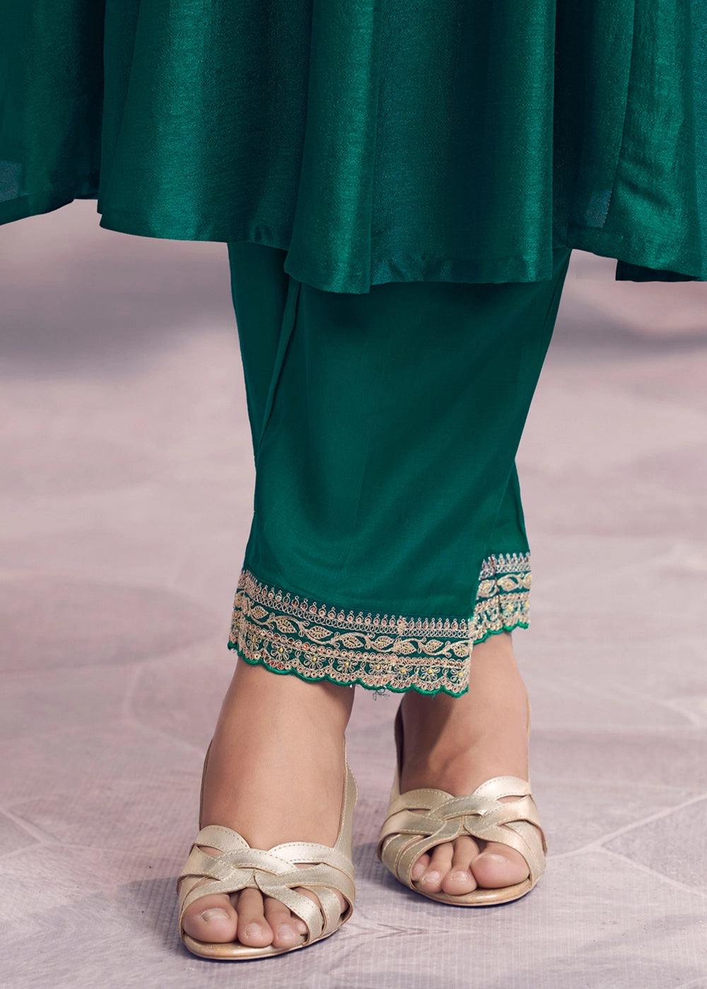 Arabian Green Silk Couture A-Line Kurta Set with Embroidery
