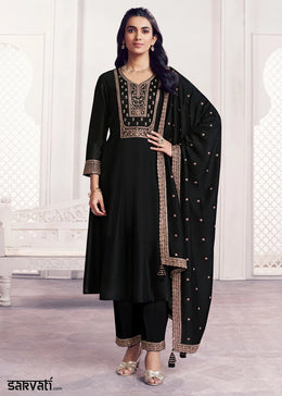 Onyx Black Silk Couture A-Line Kurta Set with Embroidery