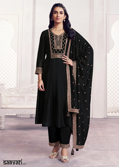 Onyx Black Silk Couture A-Line Kurta Set with Embroidery