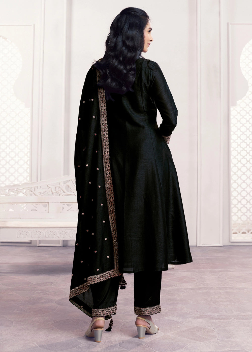 Onyx Black Silk Couture A-Line Kurta Set with Embroidery