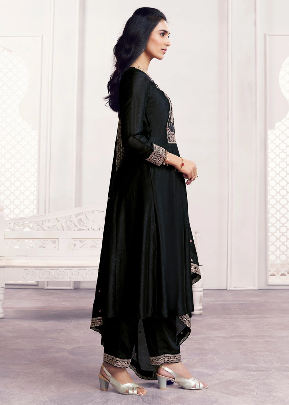Onyx Black Silk Couture A-Line Kurta Set with Embroidery