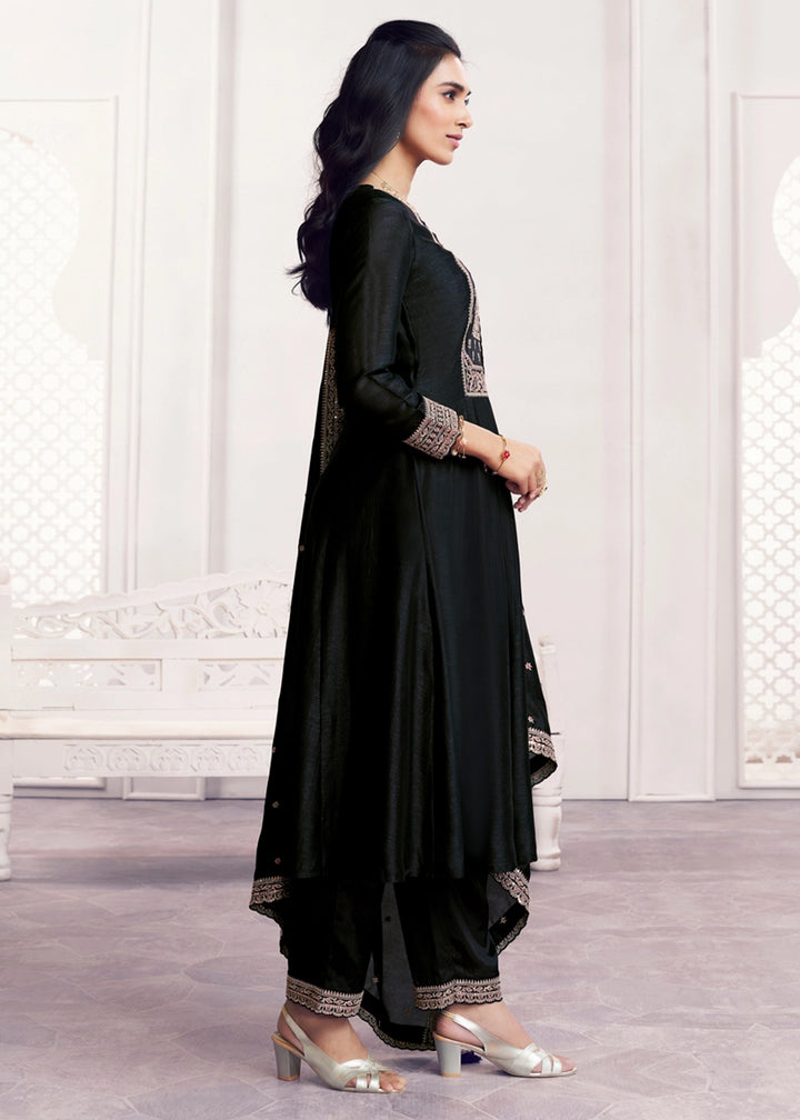 Onyx Black Silk Couture A-Line Kurta Set with Embroidery