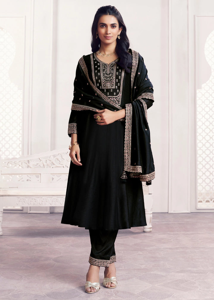 Onyx Black Silk Couture A-Line Kurta Set with Embroidery