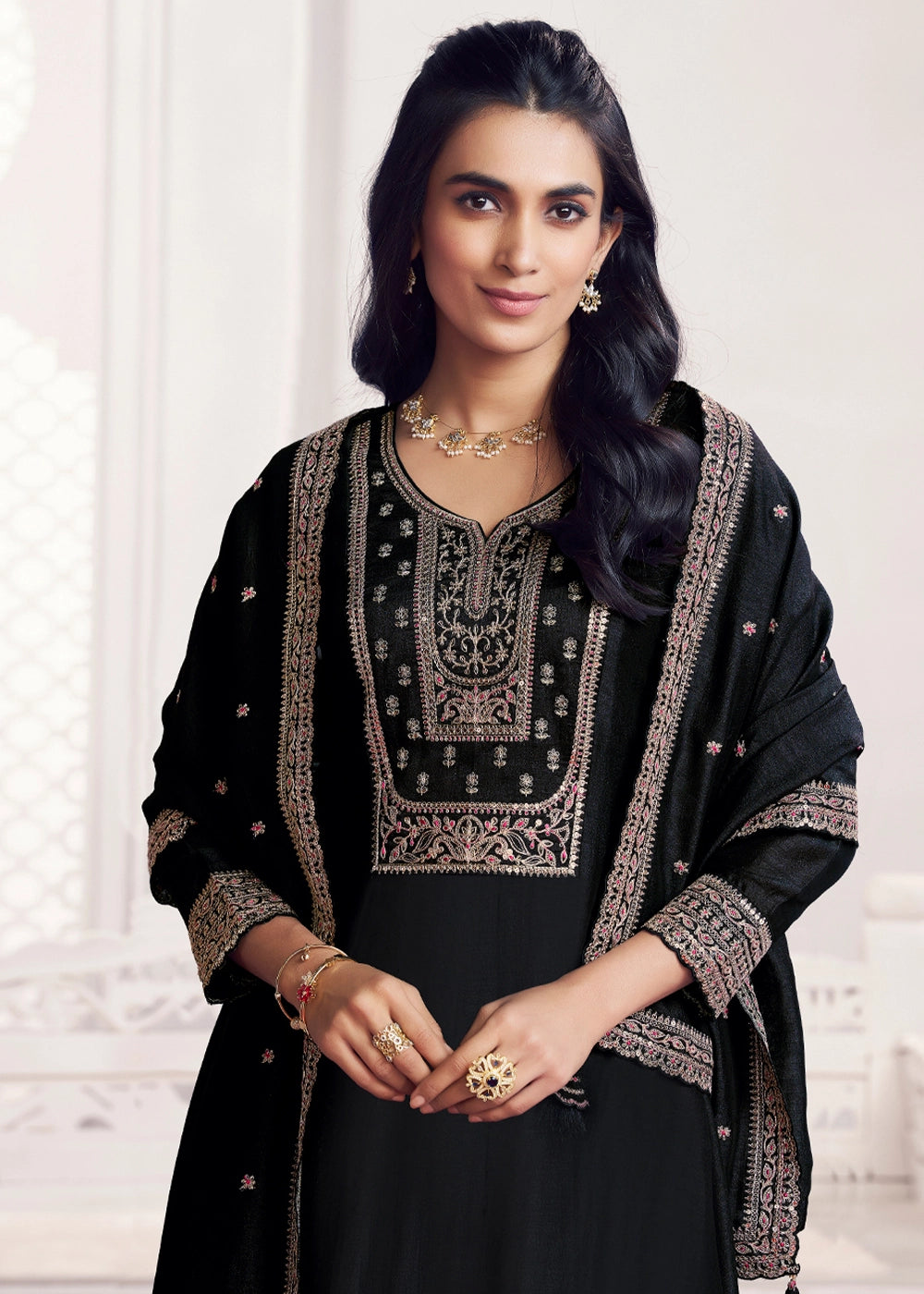 Onyx Black Silk Couture A-Line Kurta Set with Embroidery