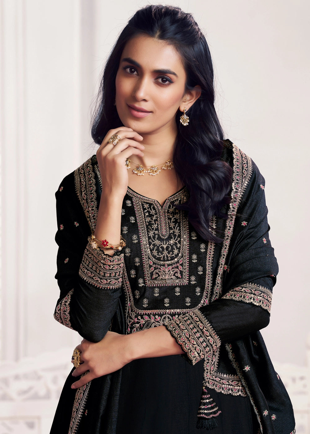 Onyx Black Silk Couture A-Line Kurta Set with Embroidery