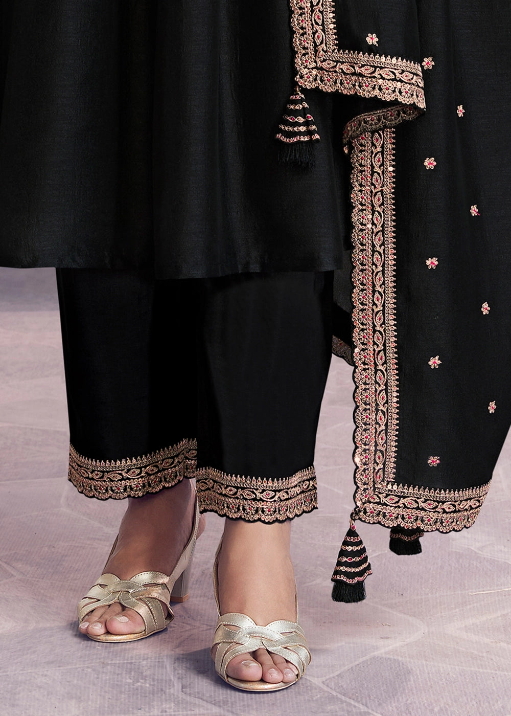 Onyx Black Silk Couture A-Line Kurta Set with Embroidery