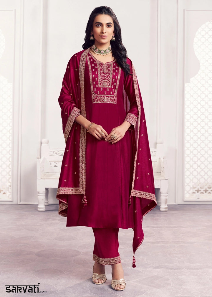 Magenta Pink Silk Couture A-Line Kurta Set with Embroidery