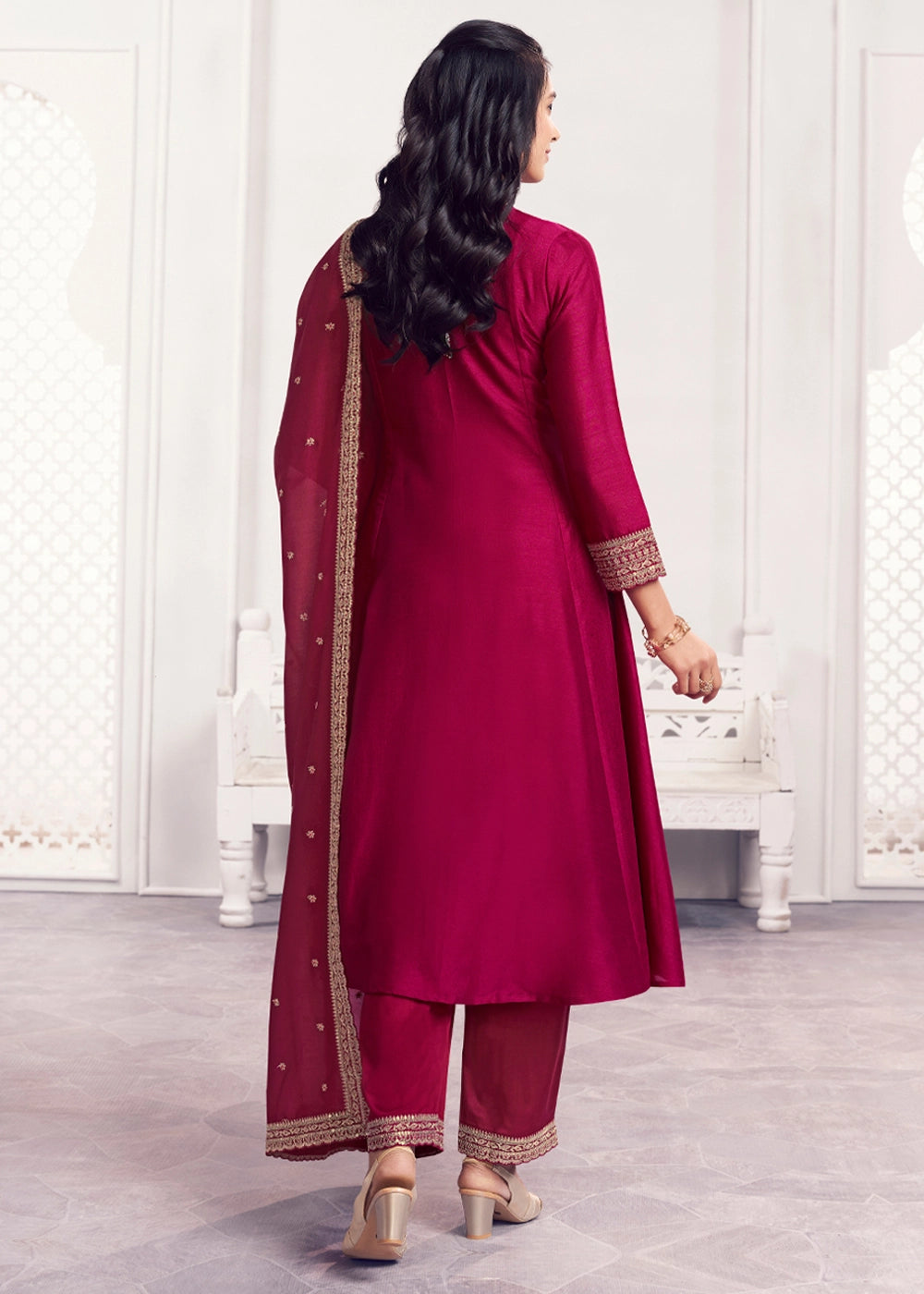 Magenta Pink Silk Couture A-Line Kurta Set with Embroidery