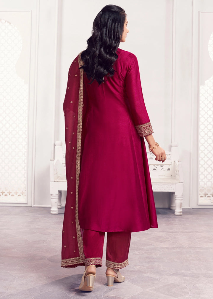 Magenta Pink Silk Couture A-Line Kurta Set with Embroidery